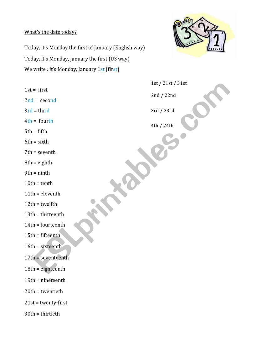 Ordinal numbers worksheet