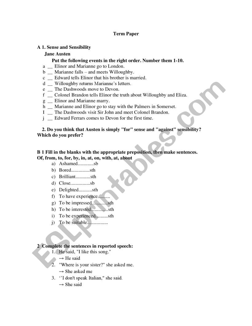 sense and sensibility worksheet