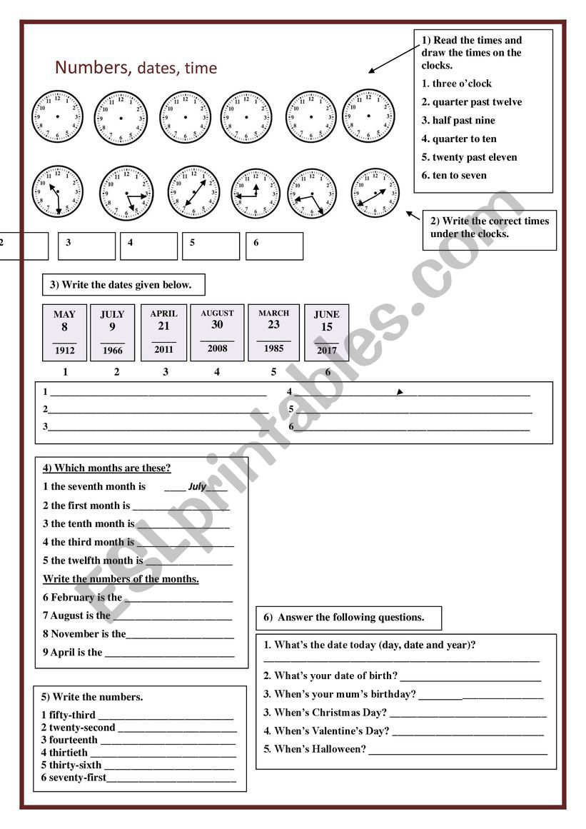 Number, dates and time worksheet