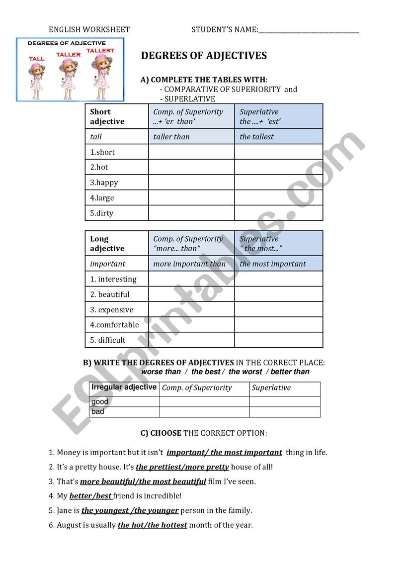 DEGREES OF ADJECTIVES worksheet