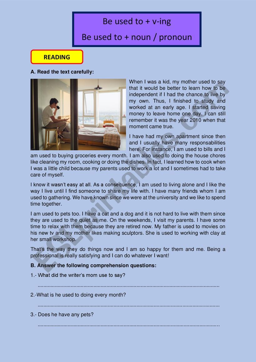 Reading: BE USED TO + Ving worksheet