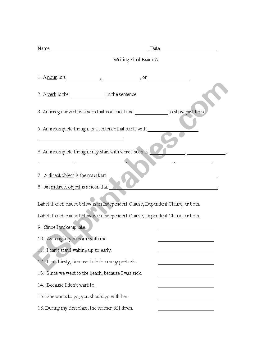 Grammar final exam worksheet