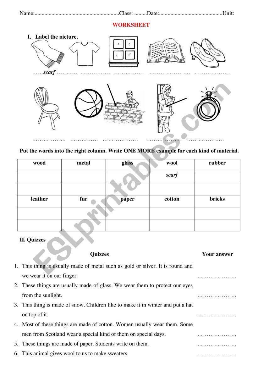 Materials 1 worksheet