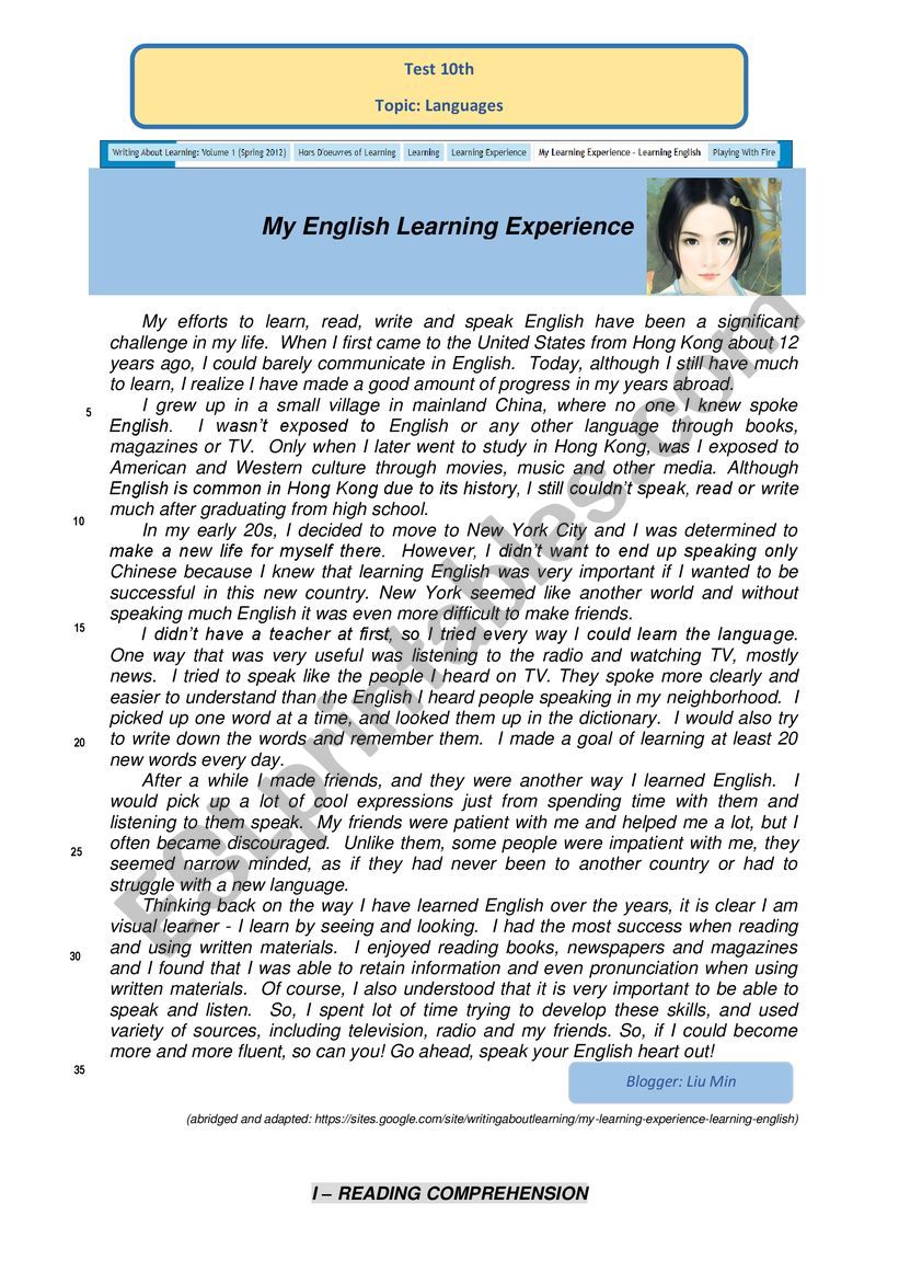 Test - 10th My English Learning Experience