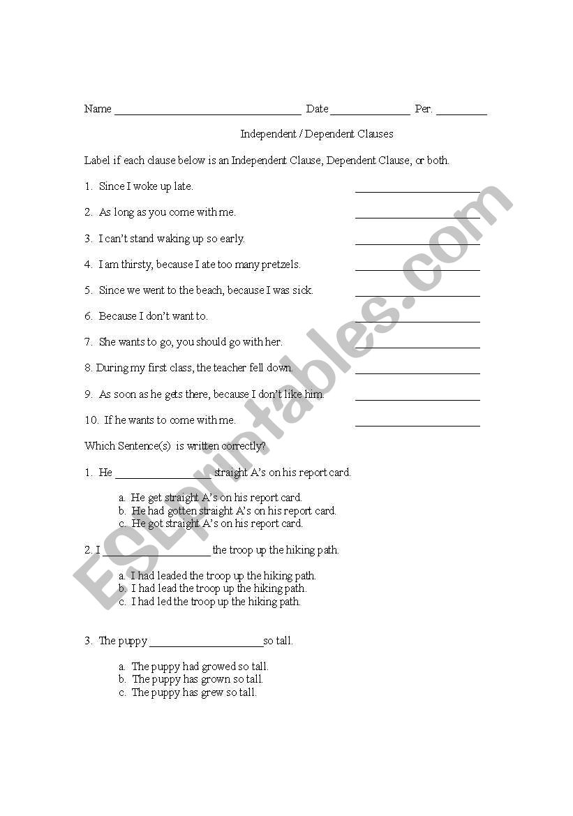 Another worksheet for Independent and dependant clauses