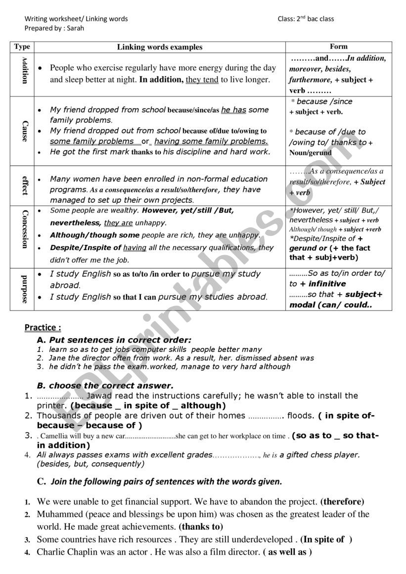 linking words worksheet