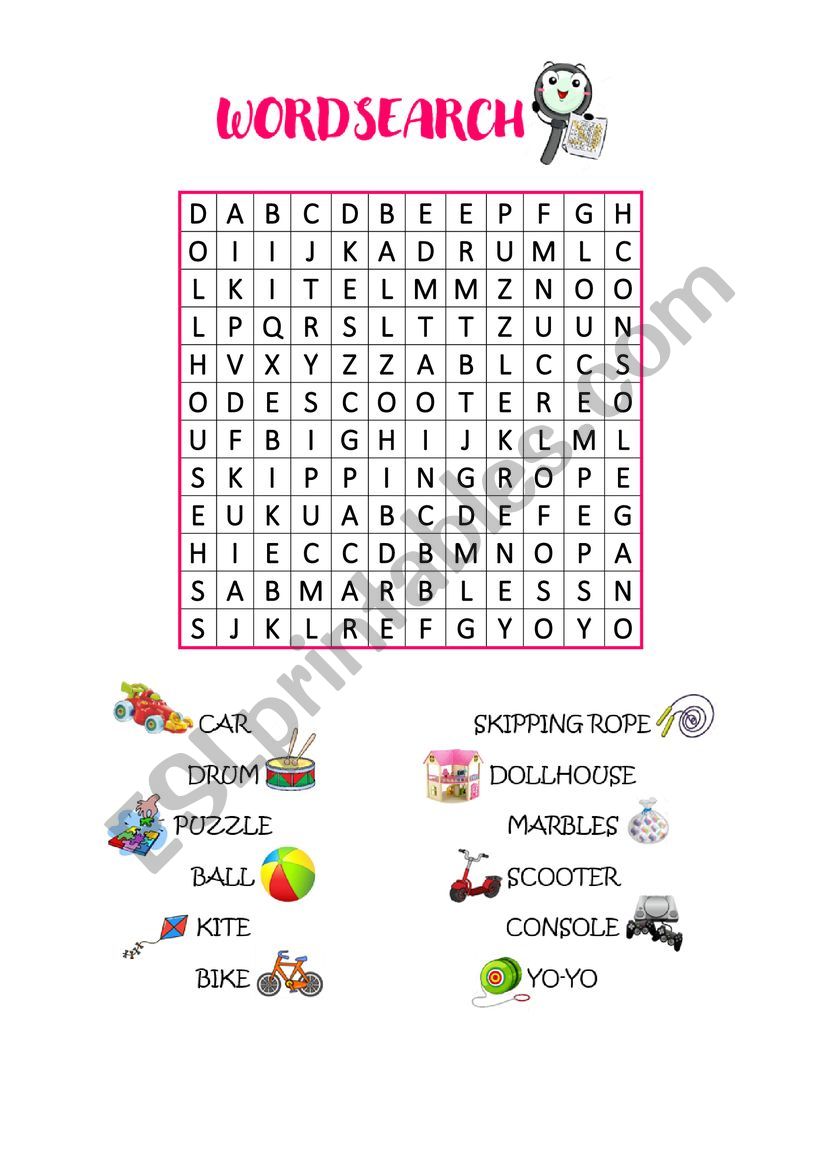 Toys Wordsearch worksheet