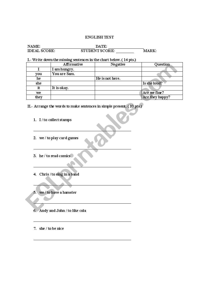 English Test worksheet