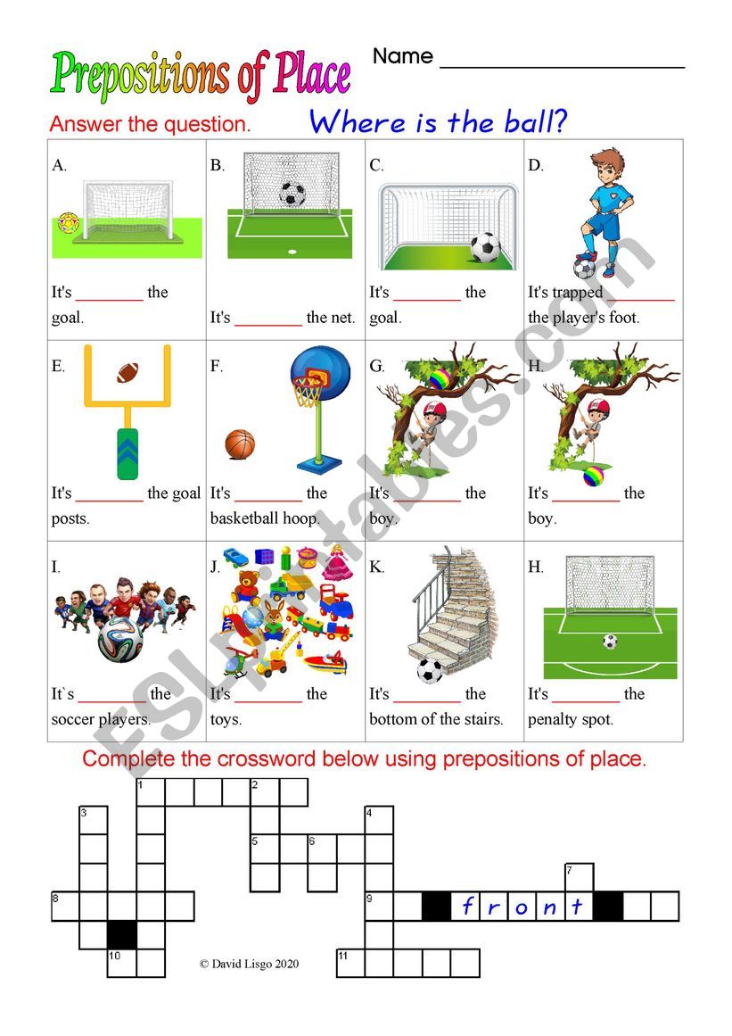 Where is the ball? Prepositions of place worksheet with answer key.