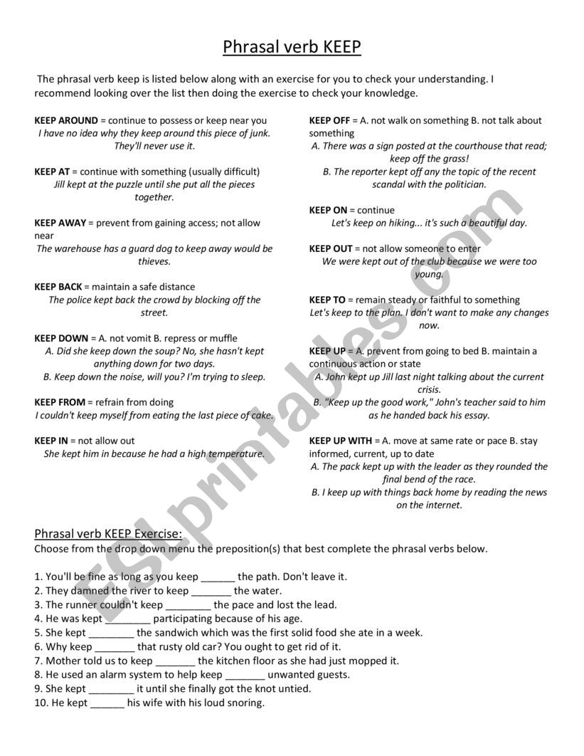 Phrasal verb KEEP worksheet