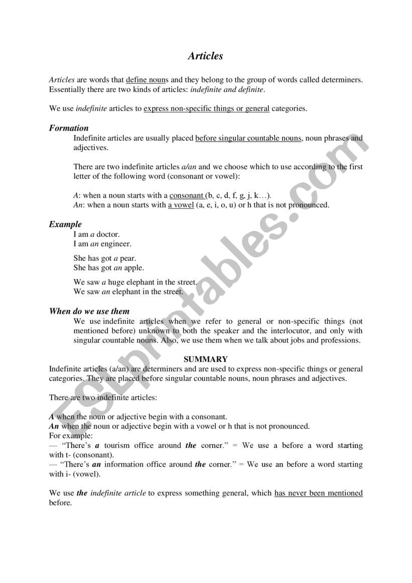 Articles-definite/indefinite worksheet