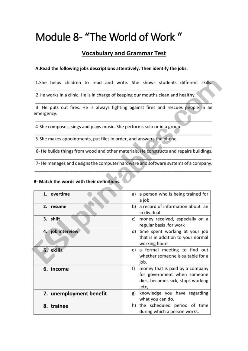 The World of Work worksheet