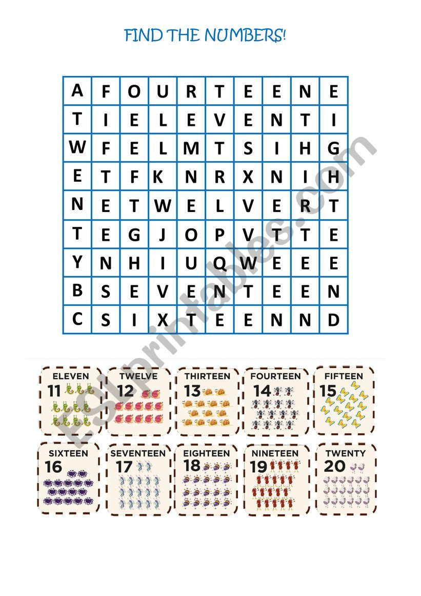 Numbers (11-20) Wordsearch worksheet