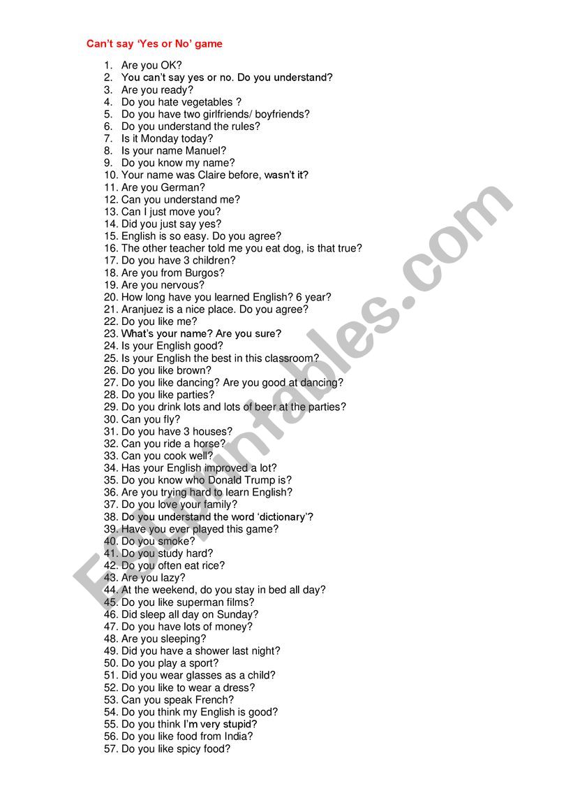 Can�t say YES / NO Game  worksheet