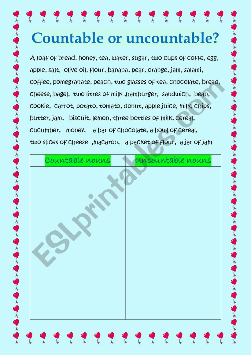 countable/uncountable worksheet