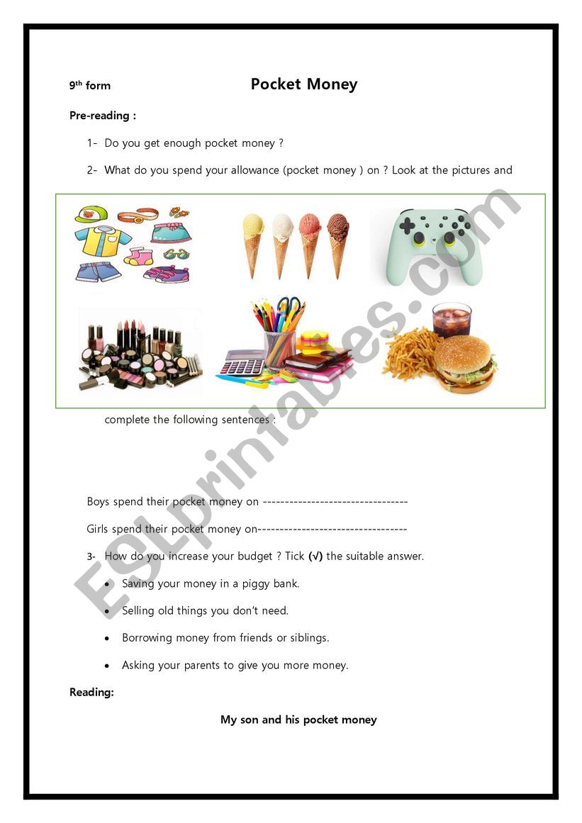 Pocket money worksheet