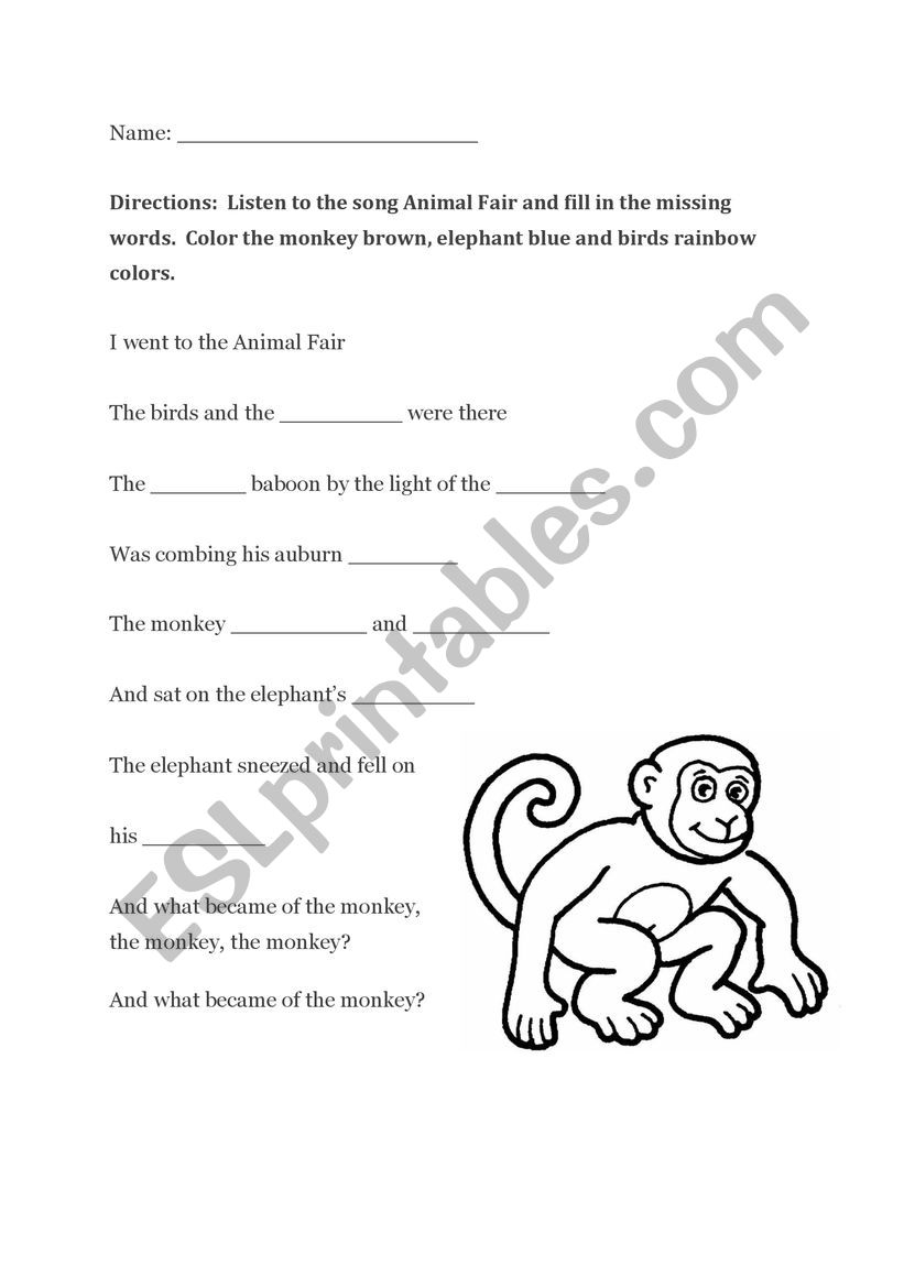 Animal Fair song Worksheet worksheet