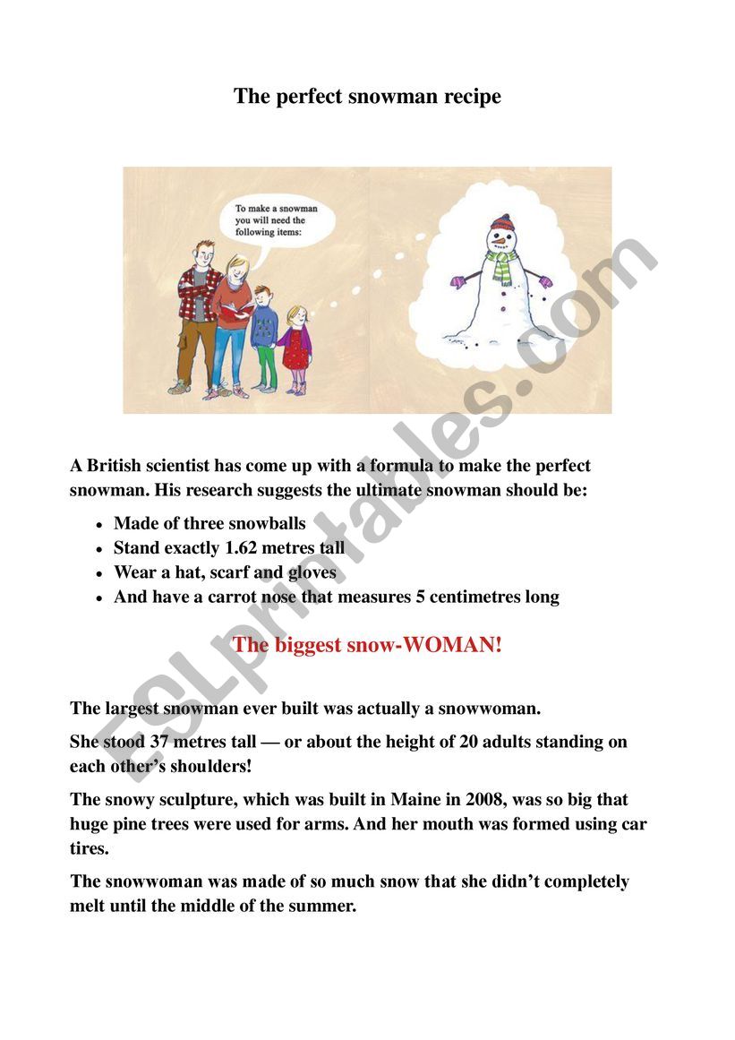 The Perfect Snowman Recipe worksheet