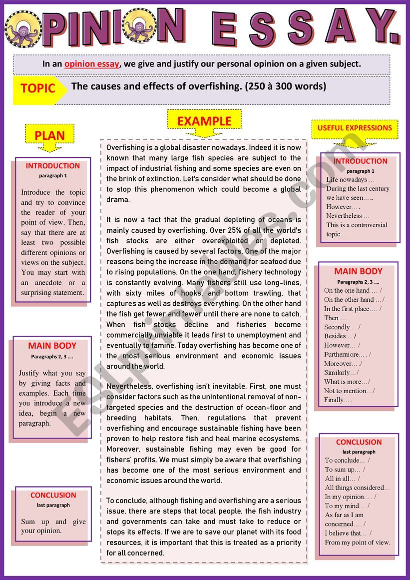 Opinion essay - The causes and effects of overfishing. - Guided writing + Example.