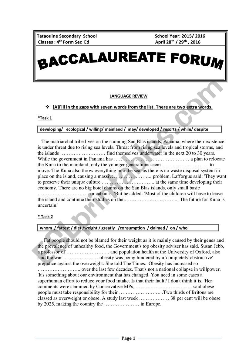 Bac Forum   Language tasks worksheet