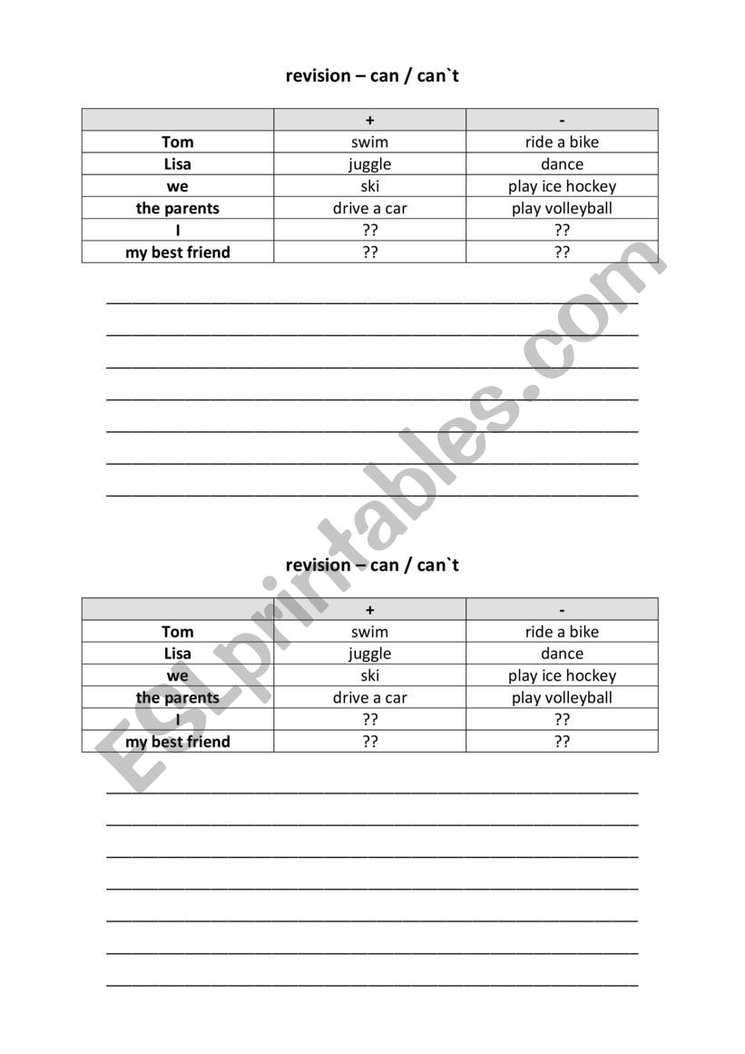 revision can - cant worksheet