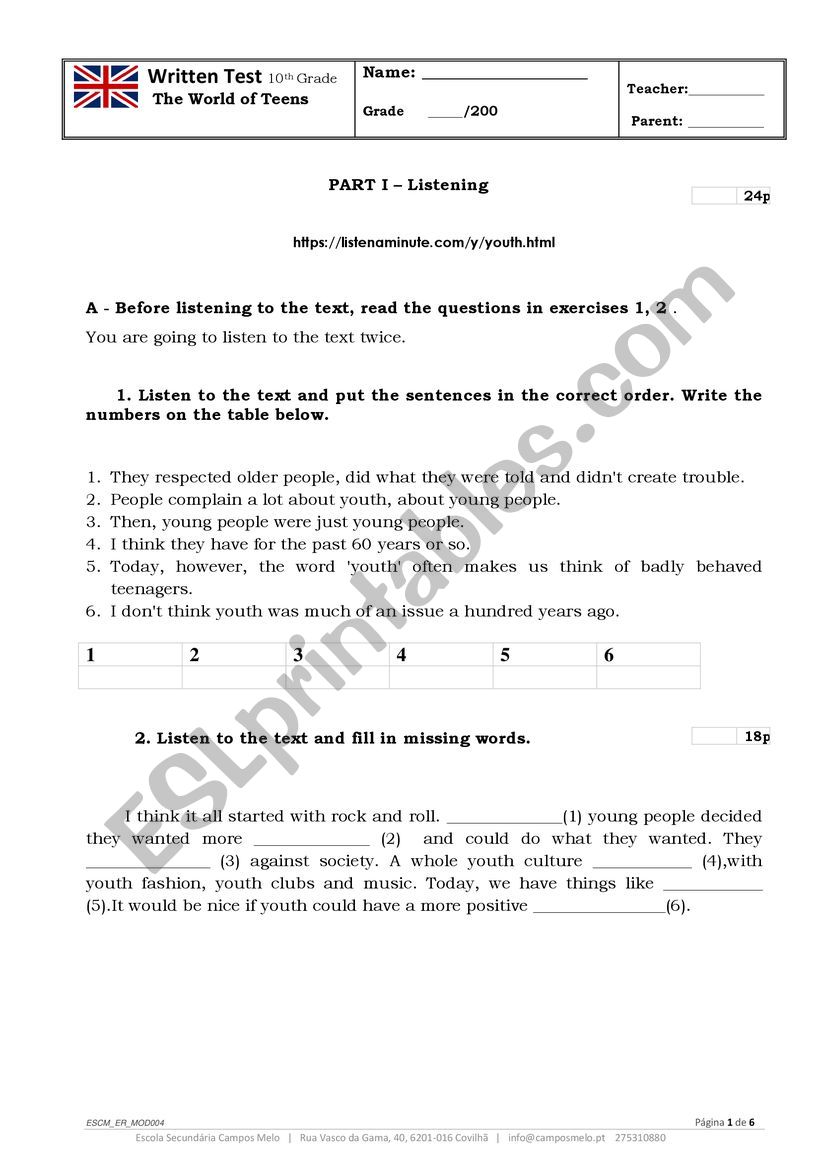 The World of Teens worksheet