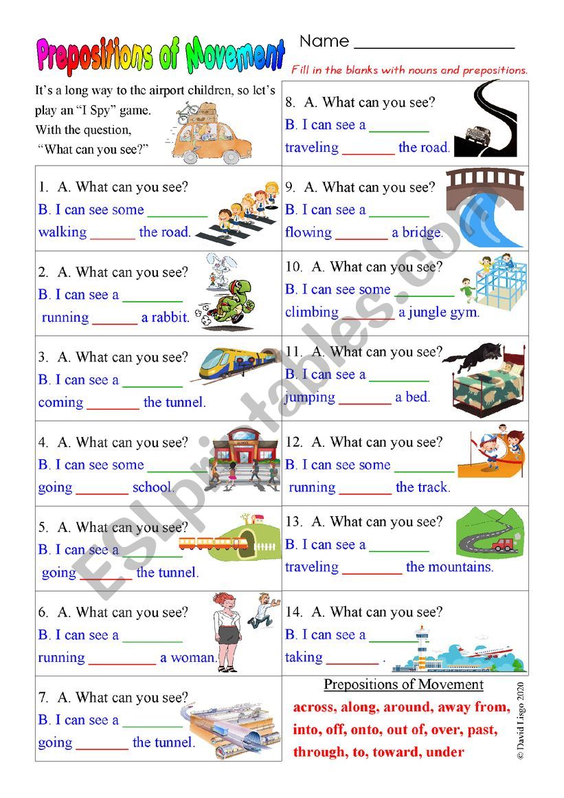 I Spy Prepositions of Movement with Answer Key