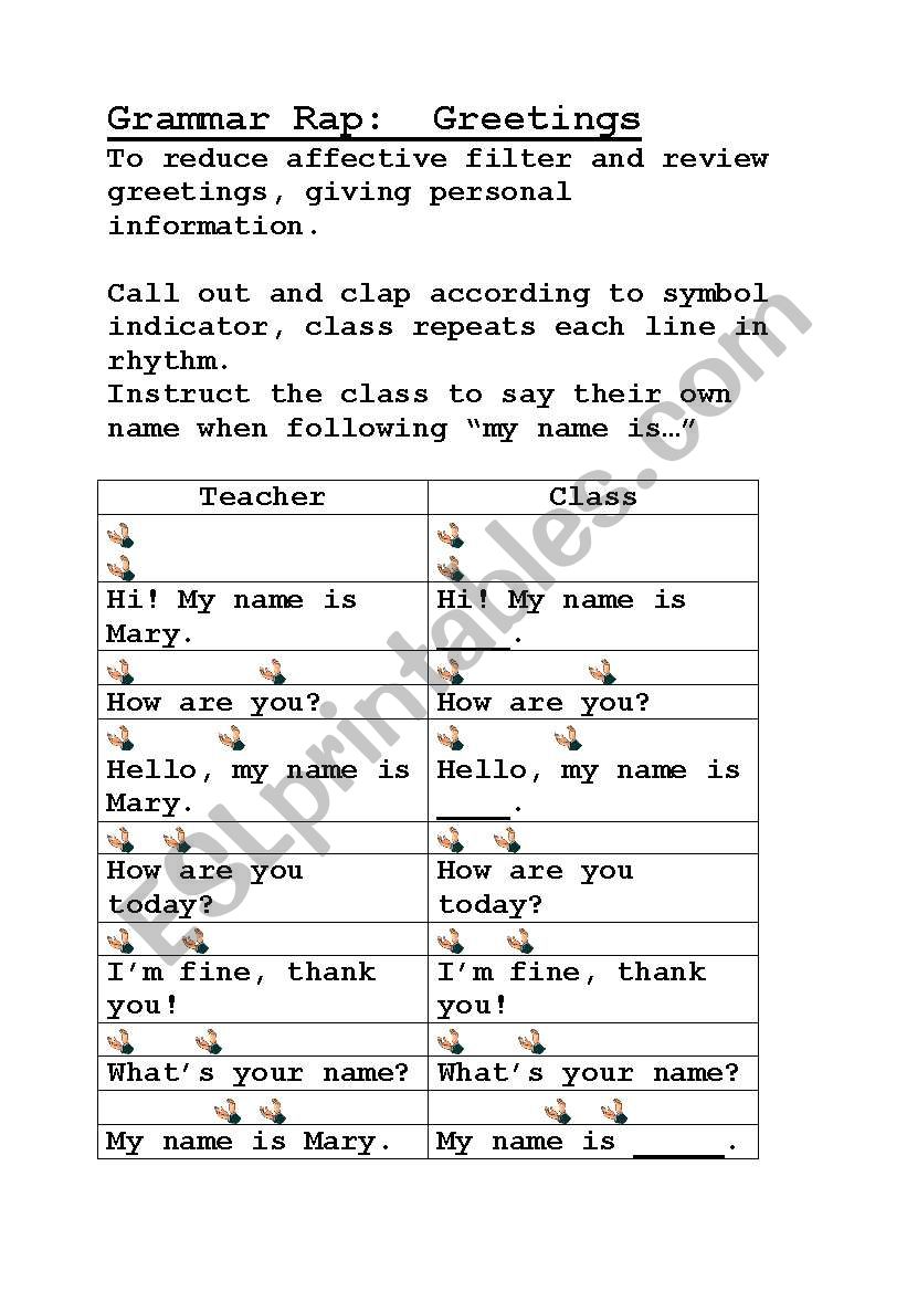 Grammar Rap Greetings worksheet