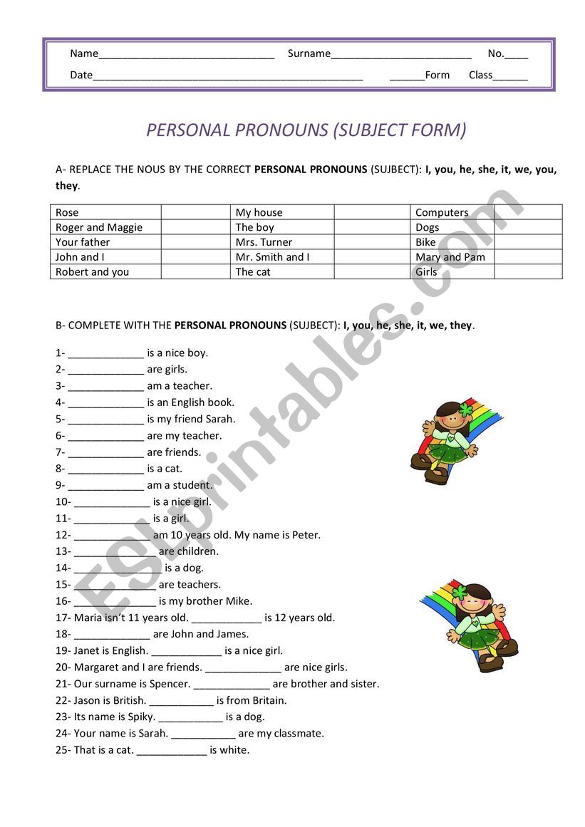 Personal Pronouns (Subject form)