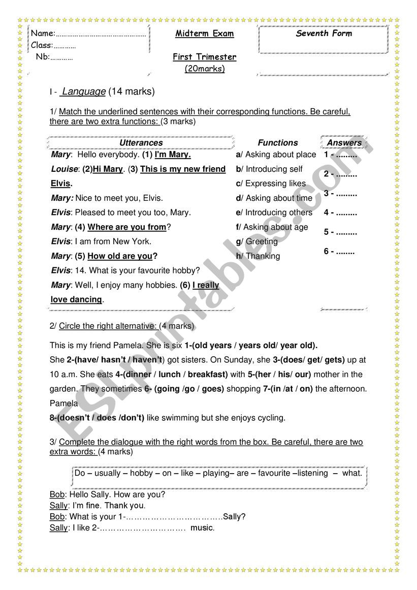 7th Grade First trimester Midterm exam 2020