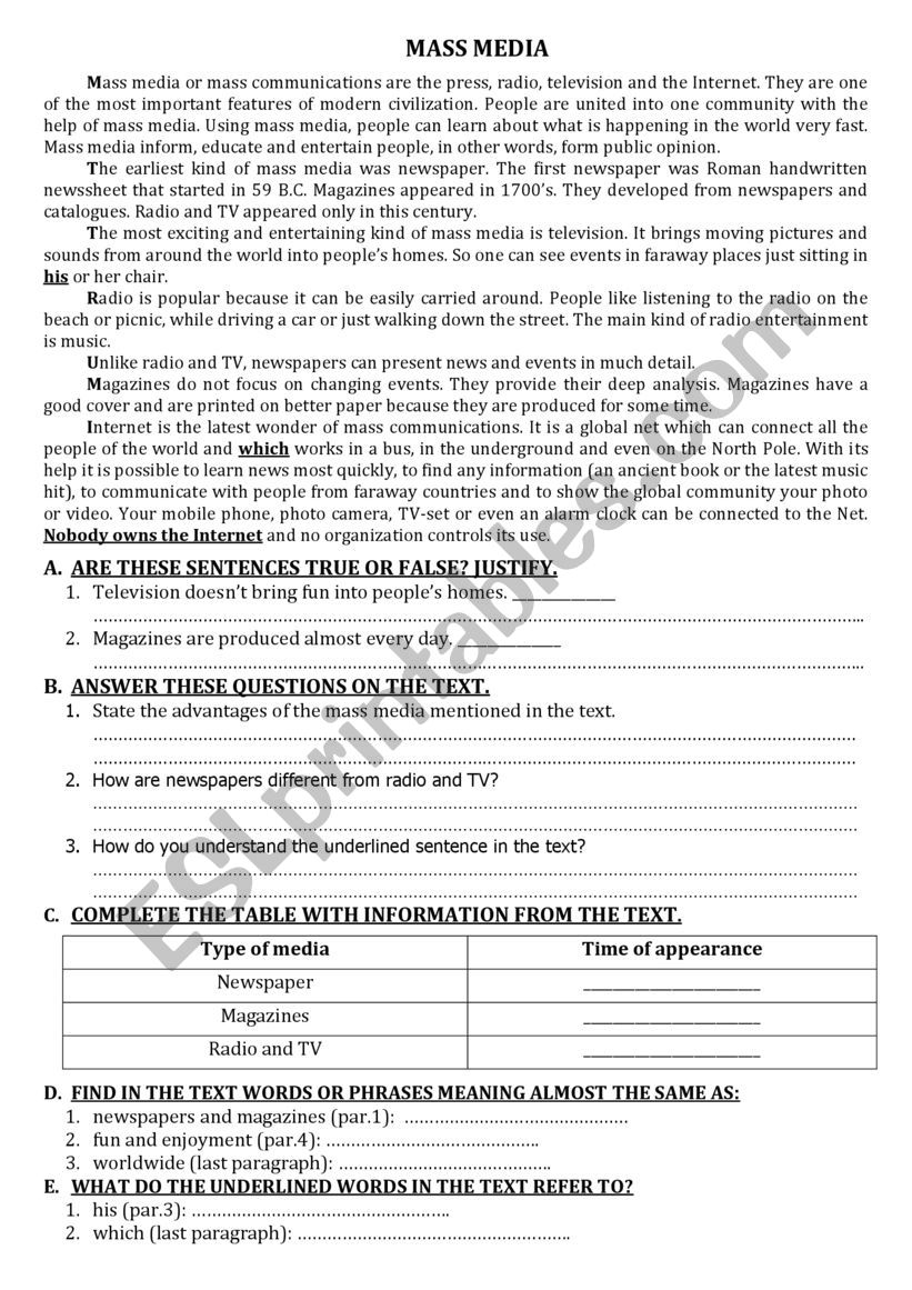 READING COMPREHENSION worksheet