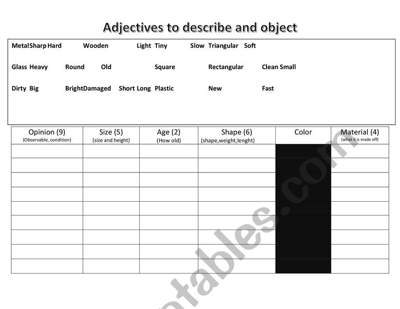 Adjective order to describe and object