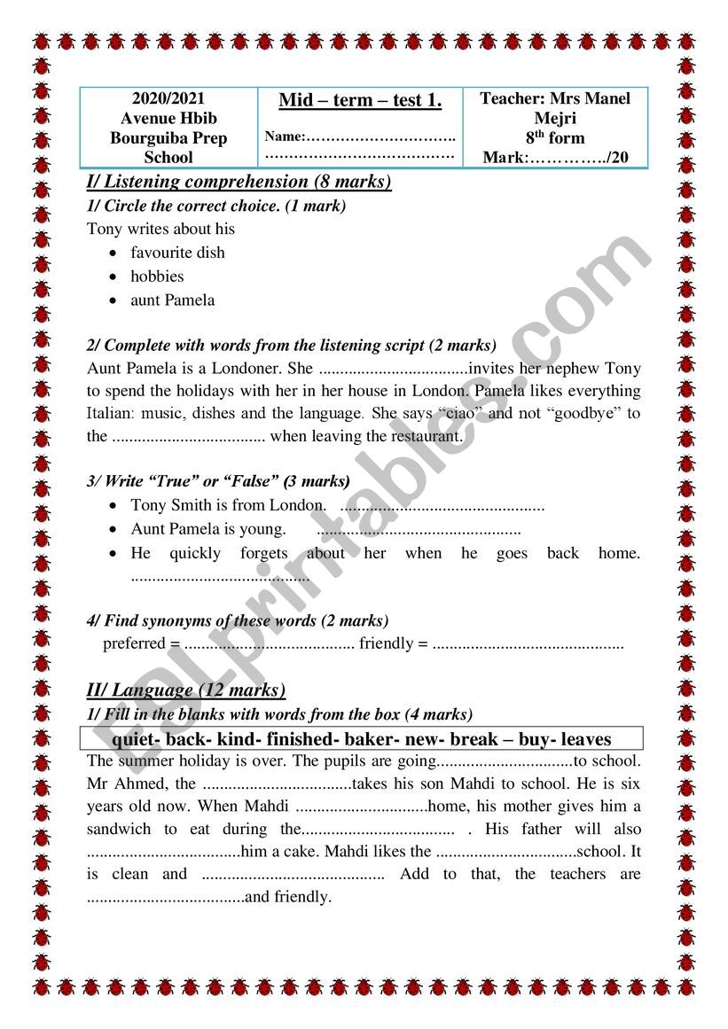 8th form mid term test N1 worksheet