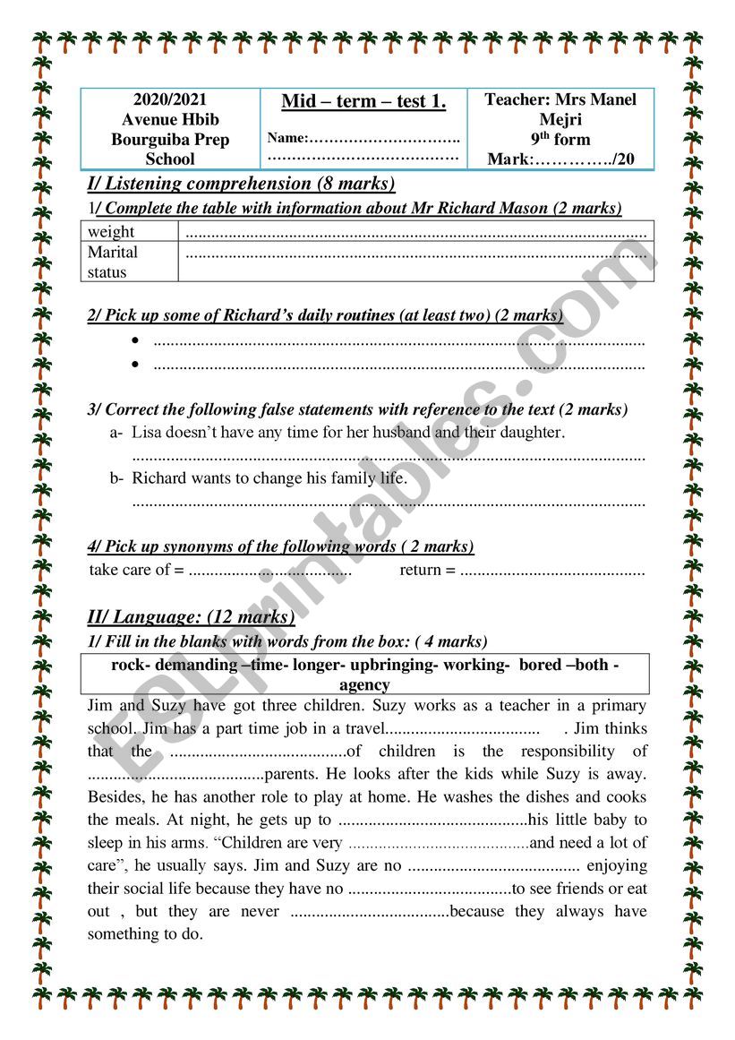 9th form mid term test N1 worksheet