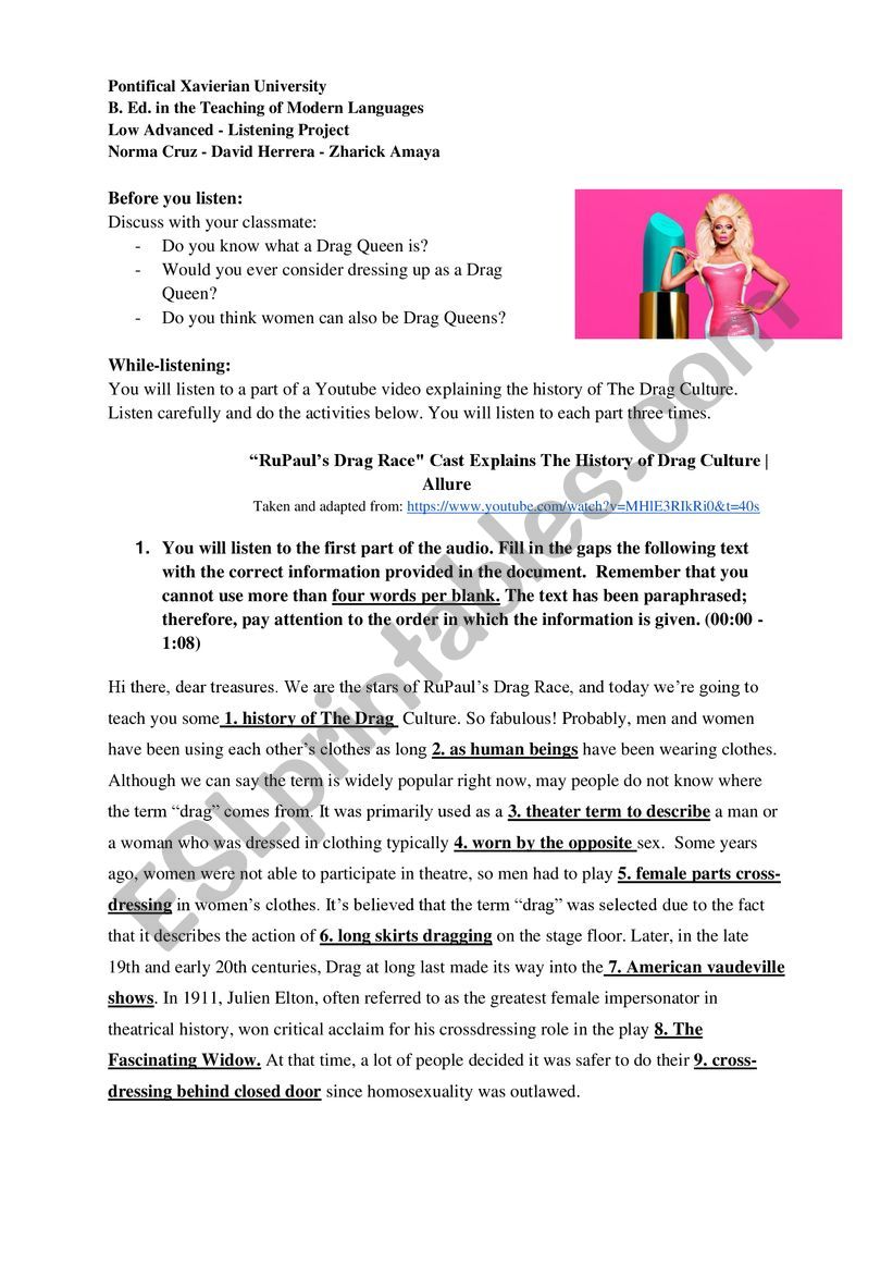 Listening activity - Drag Queens