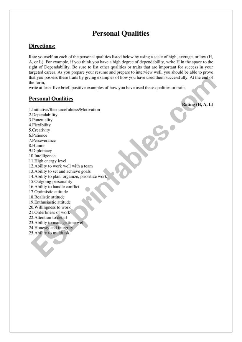 personal qualities worksheet