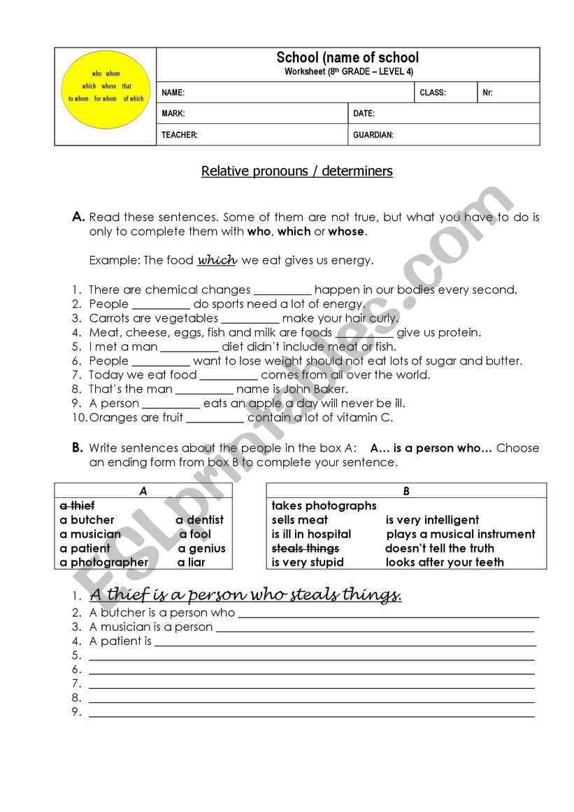 Relative pronouns / determiners