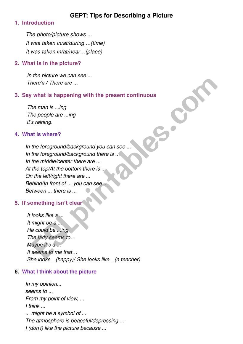 picture description worksheet