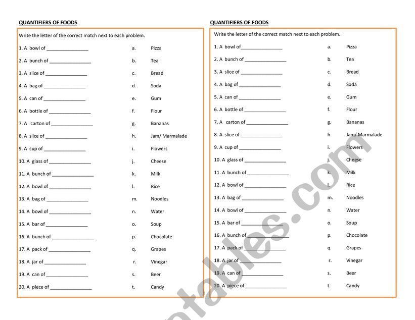 Quatifiers of Foods worksheet