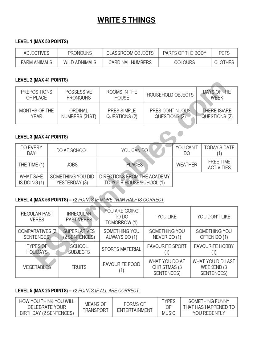 Write 5 things! worksheet