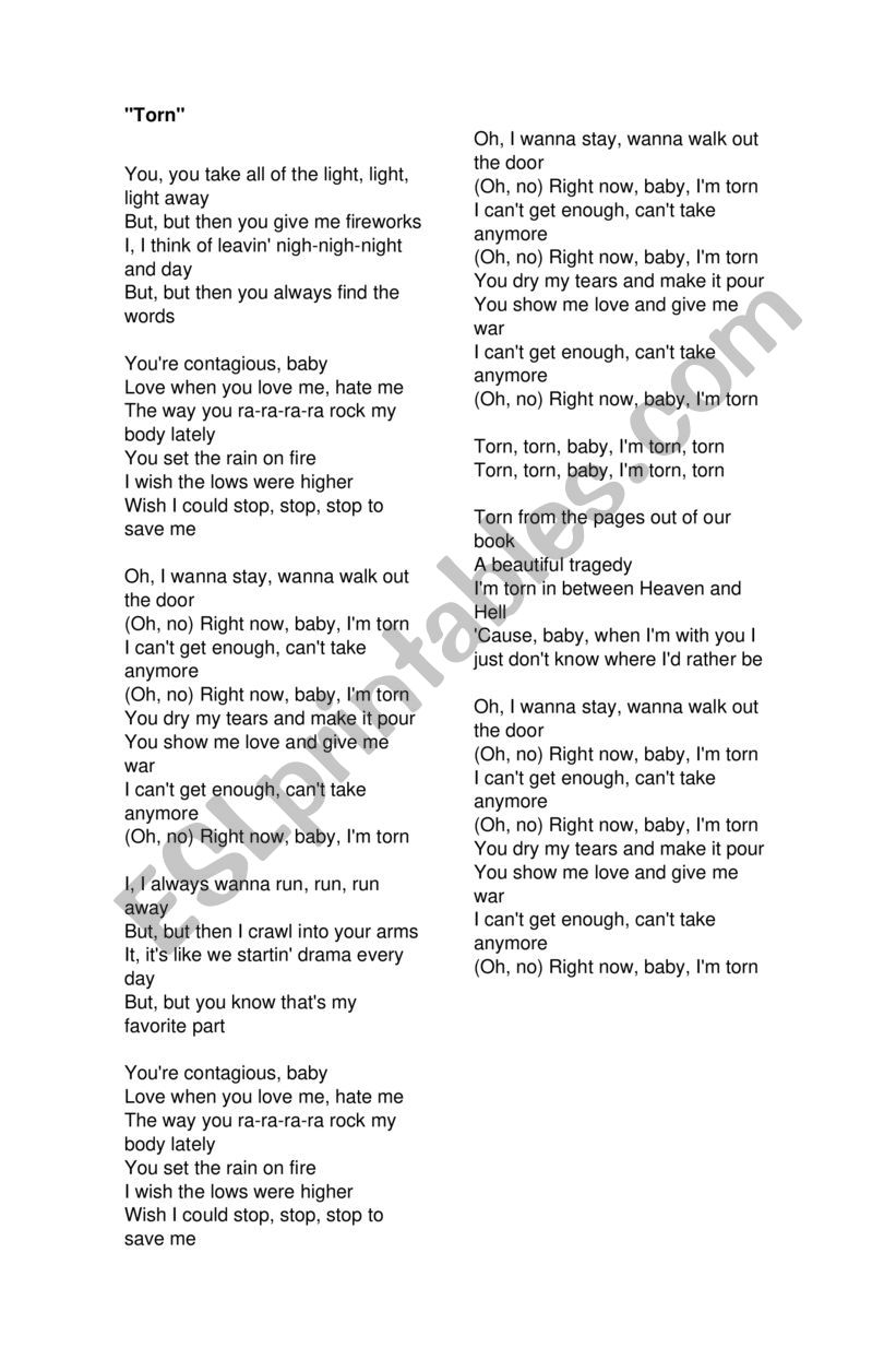 TORN - TELL ME BABY worksheet