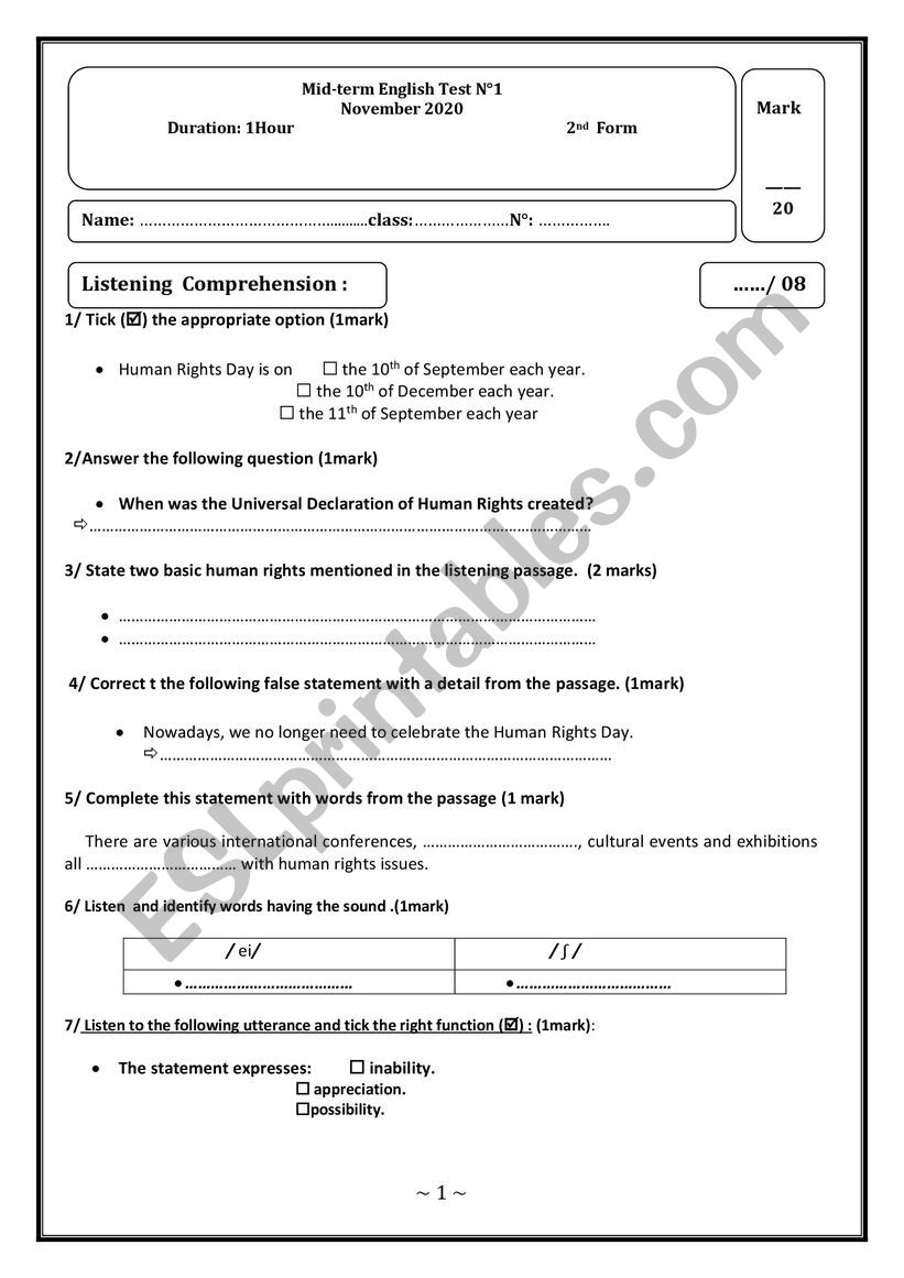 2nd form mid-term test N1  worksheet