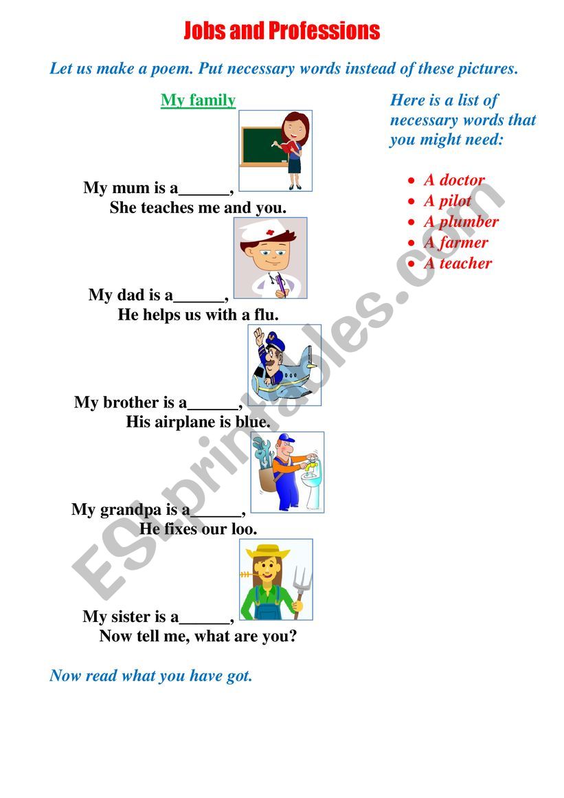 jobs and professions poem worksheet