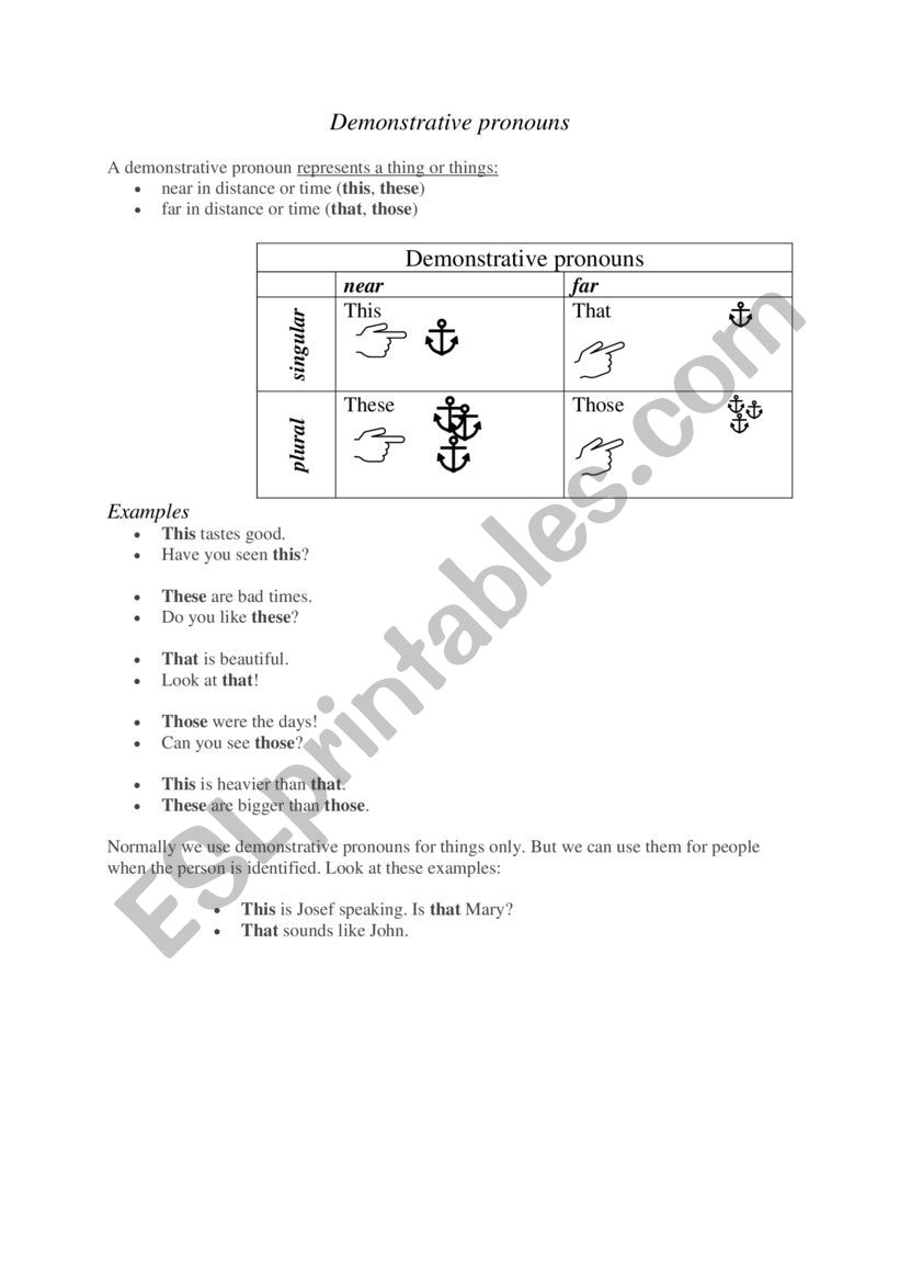 Demonstratives of English worksheet