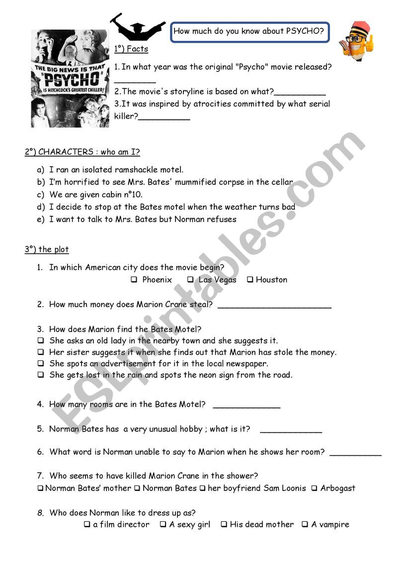 pyscho the film  worksheet