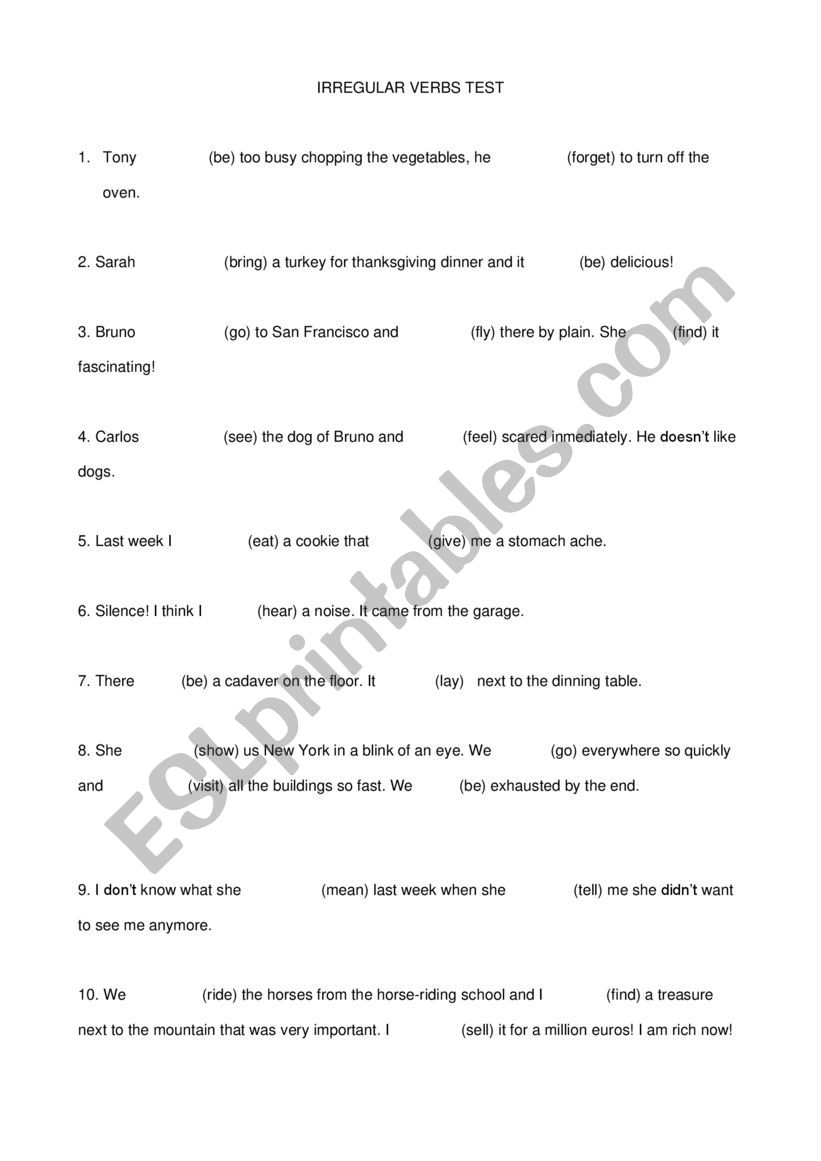 irregular verbs test worksheet
