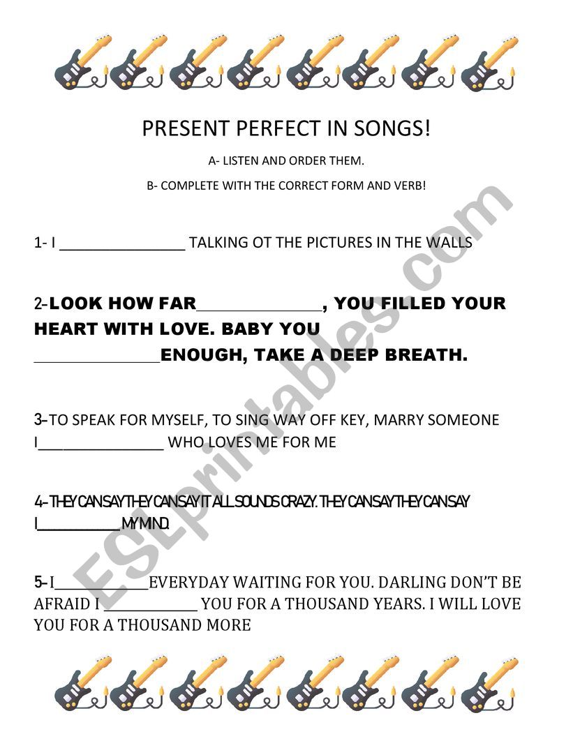 PRESENT PERFECT IN SONGS!  worksheet