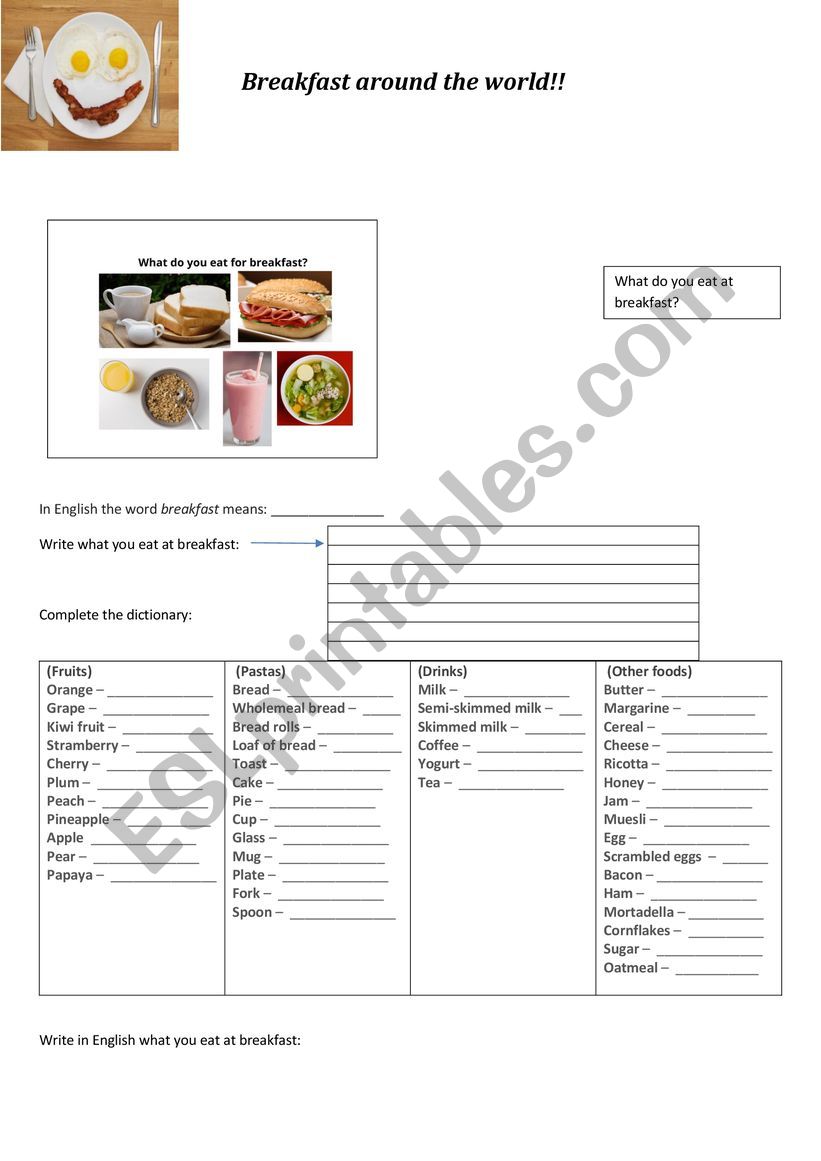 Breakfast around the world worksheet