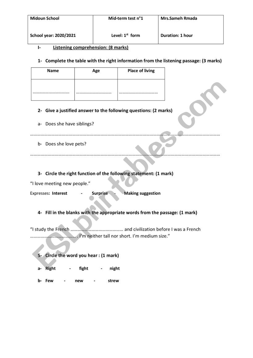 mid-term exam 1st grade worksheet
