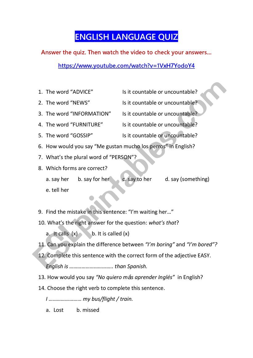 English Language Quiz worksheet